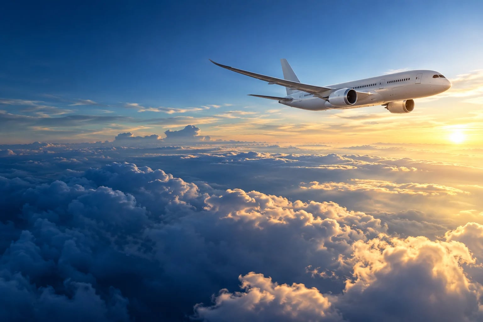 Unbranded passenger aircraft flying above clouds