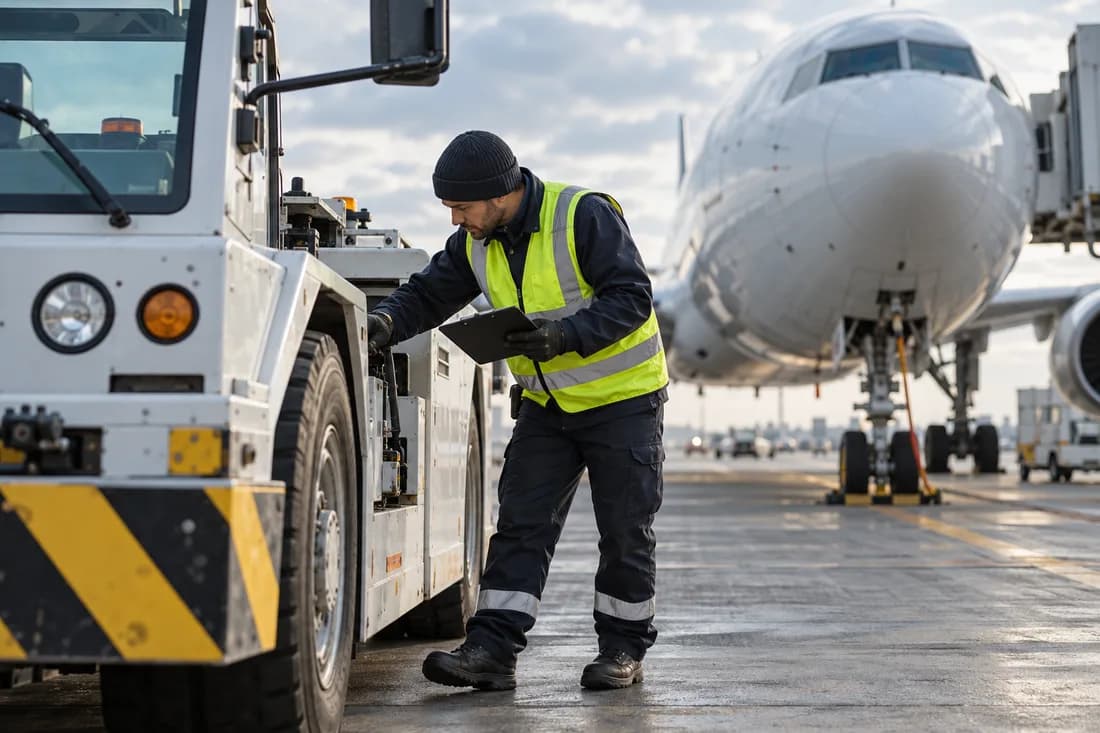 Ground operations specialist inspecting airport equipment