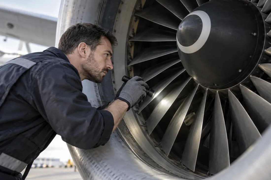 Aviation mechanic inspecting an aircraft engine